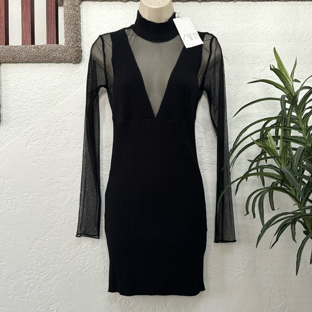 ZARA Women’s Black Mini Body Con with Mesh Sleeves Size M NWT